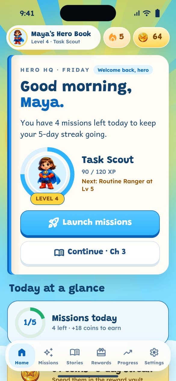 Kid home screen in Family Task Hero