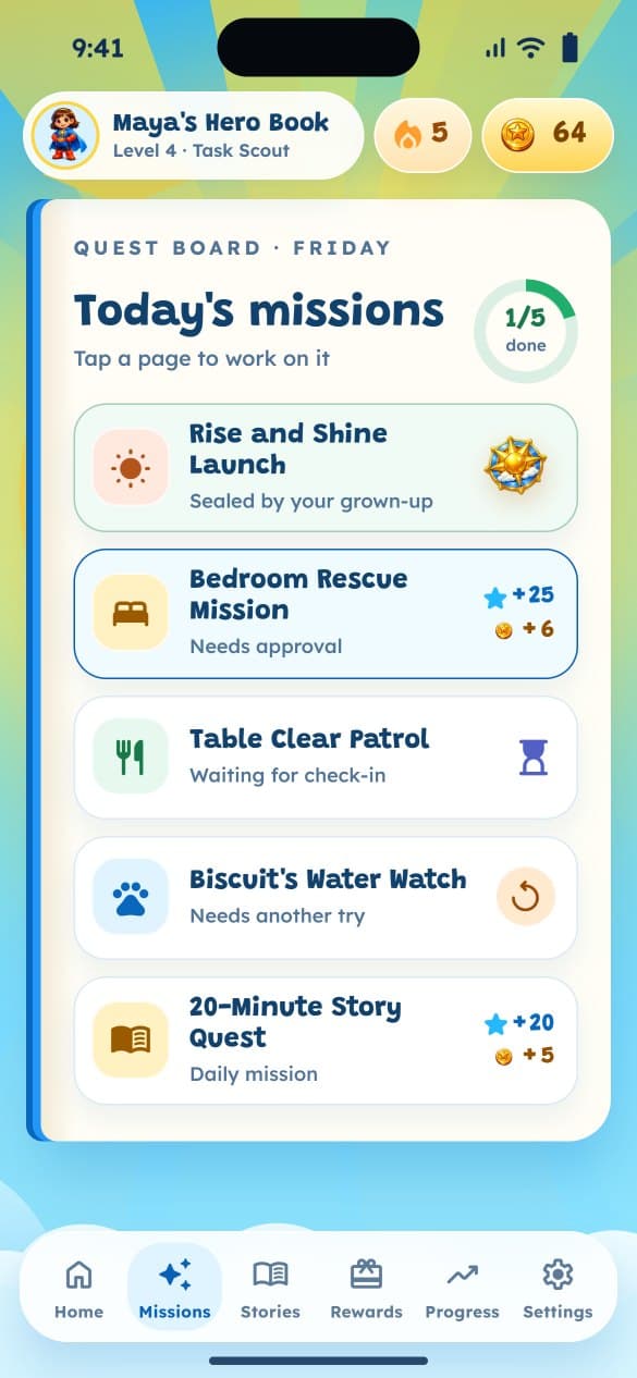 Today's missions screen